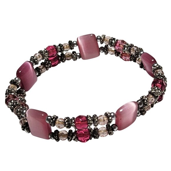 Elegant Pink Silver Beaded Stretch Bracelet Classic Fashion Jewelry Women - Picture 1 of 4